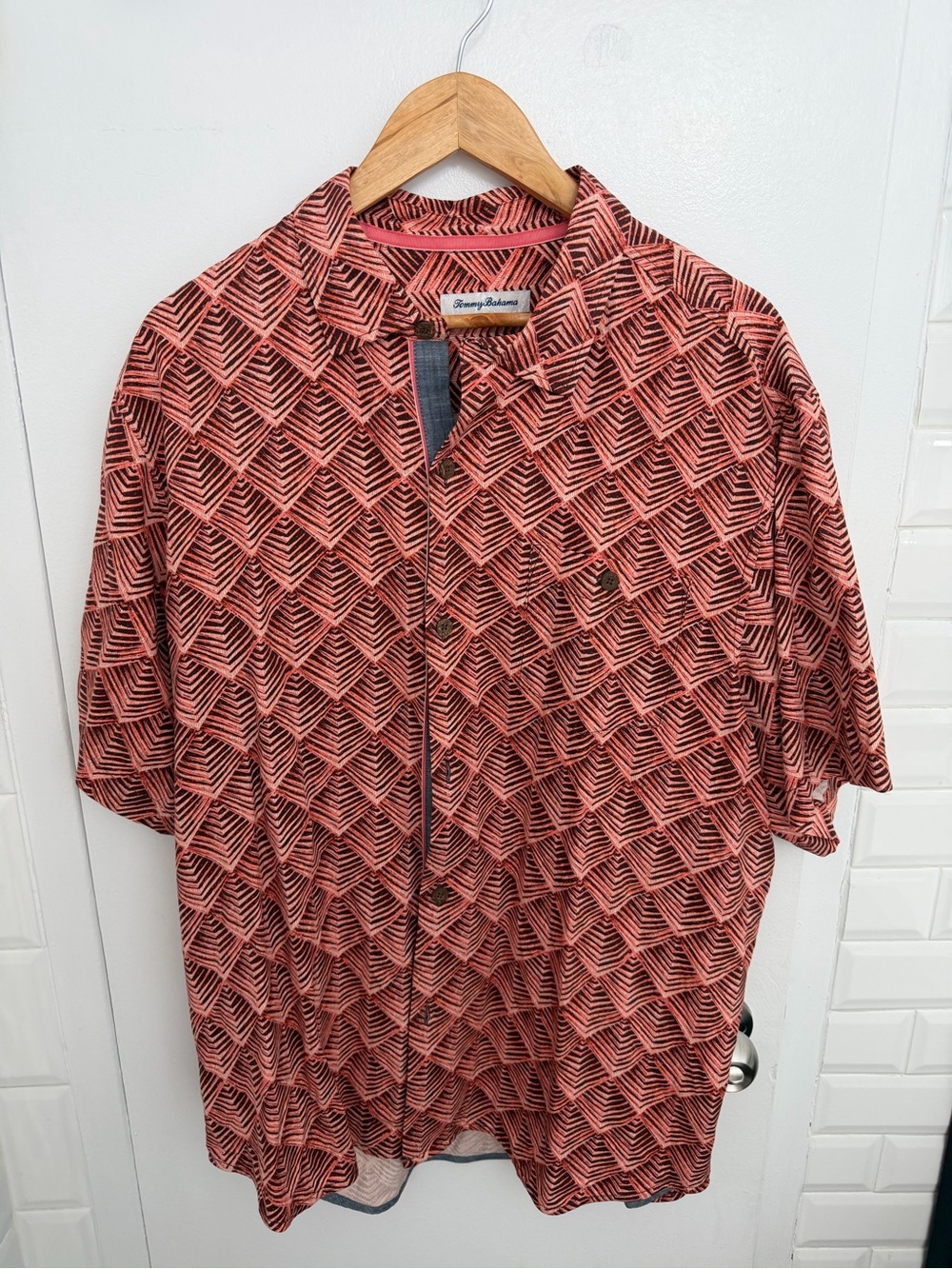 Tommy Bahama Coral and Black Geometric Camp Shirt